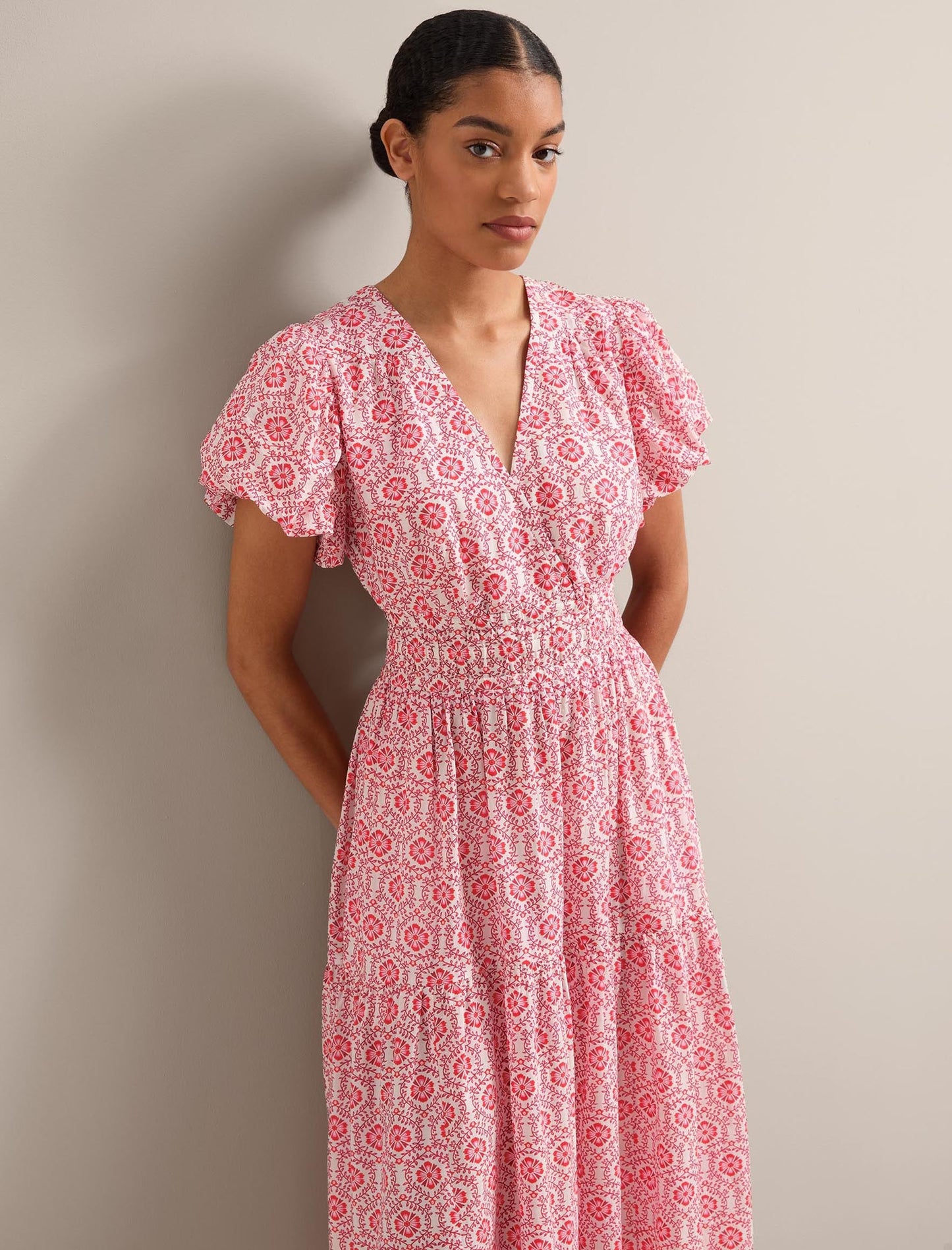 Orla Cotton Maxi Dress - White Pink Circle Carnation Print