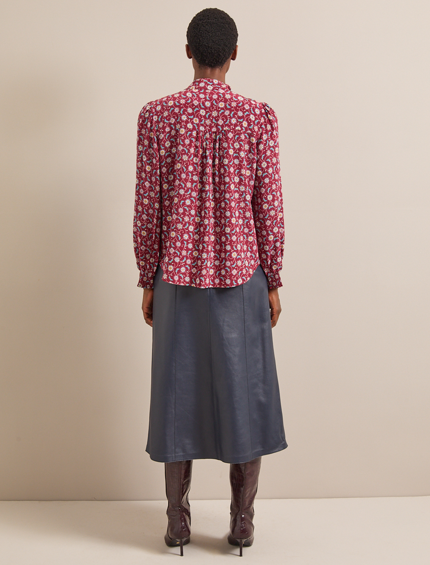 Matty Silk Shirt - Burgundy Trellis Print