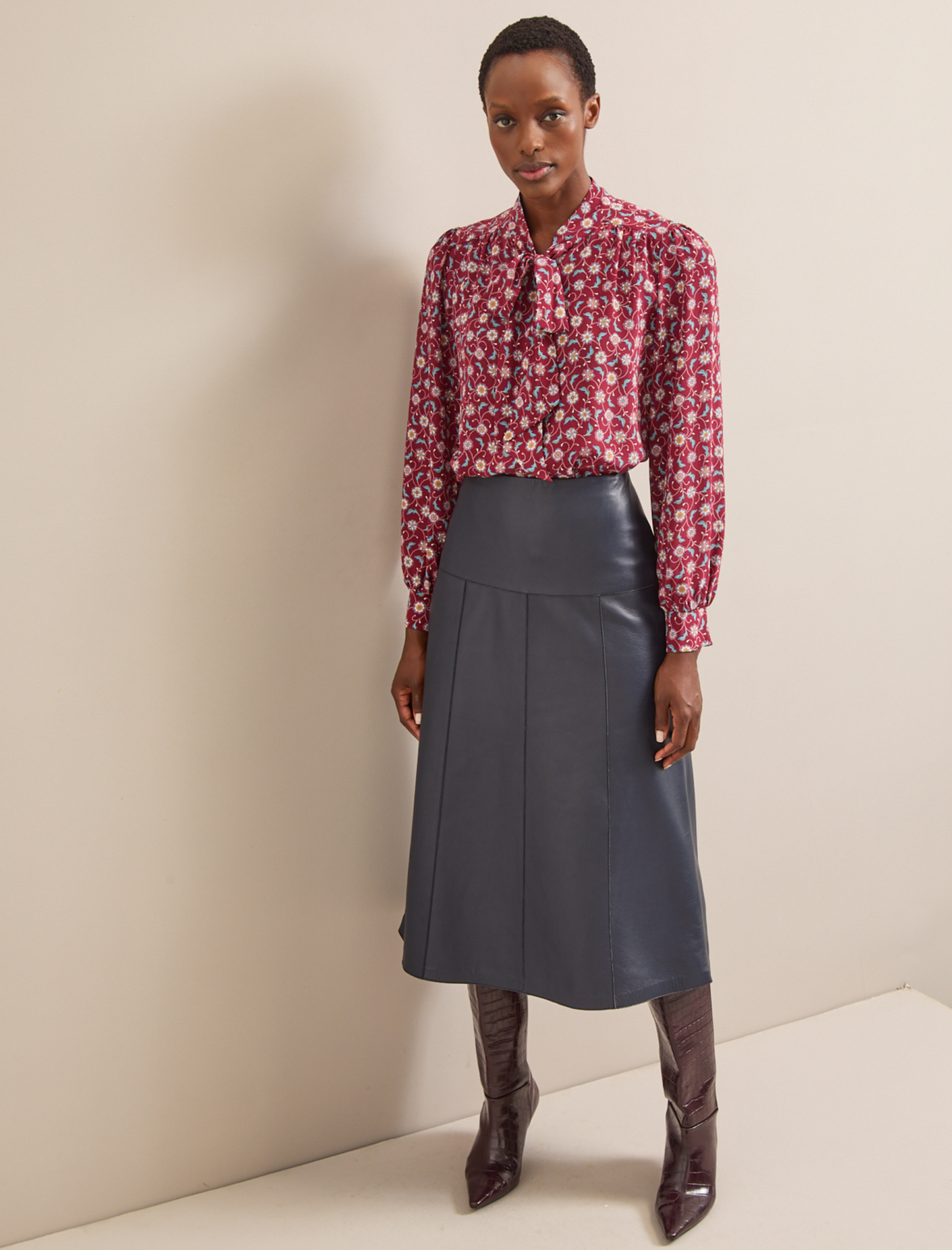 Matty Silk Shirt - Burgundy Trellis Print
