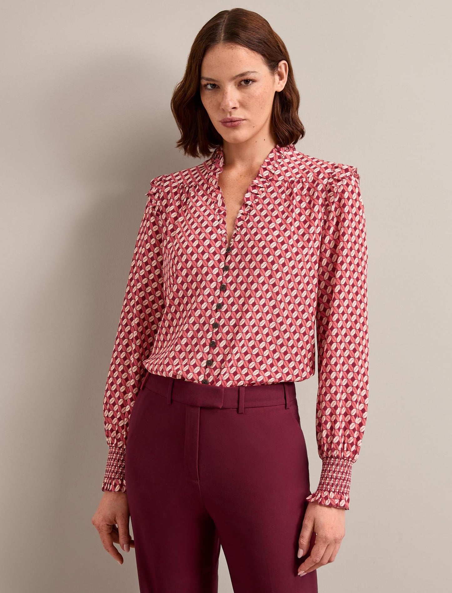 Stella Silk Shirt - Blush Burgundy Lips Print