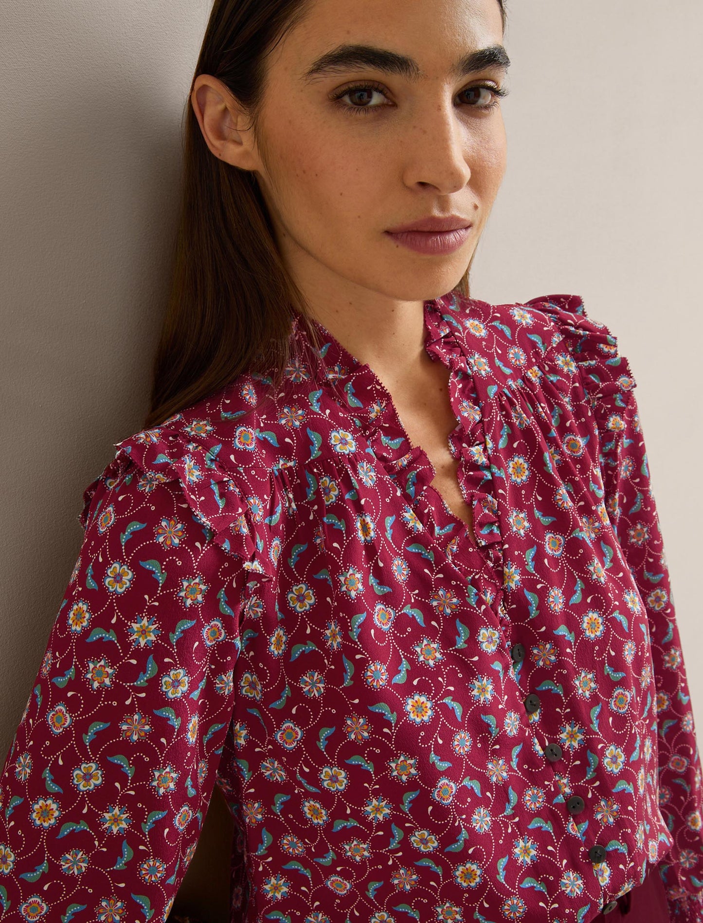 Stella Silk Shirt - Burgundy Trellis Print