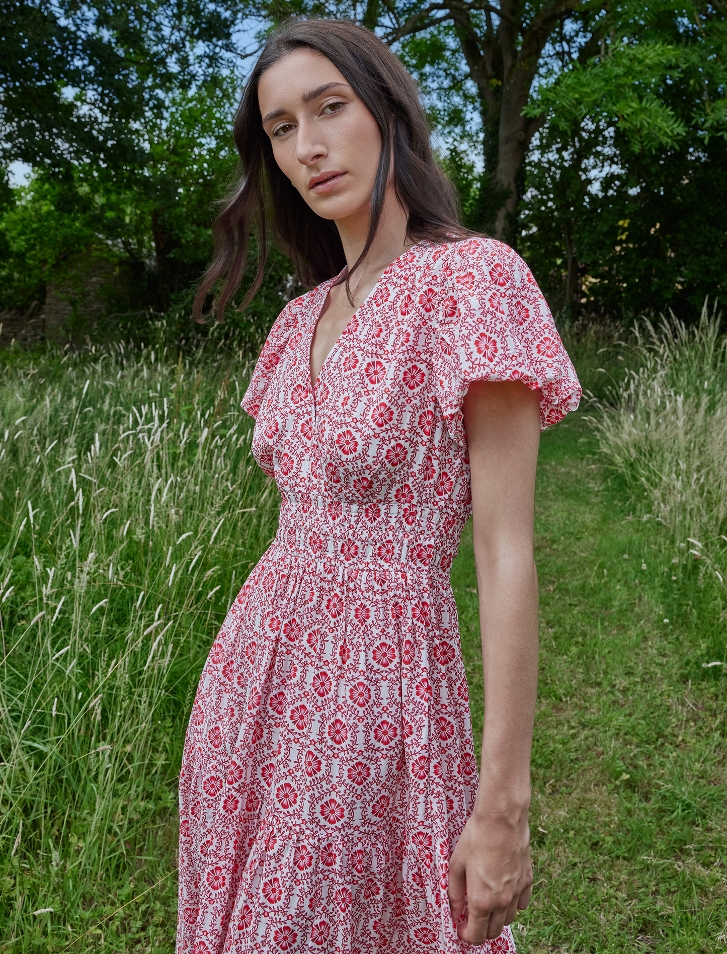 Orla Cotton Maxi Dress - White Pink Circle Carnation Print