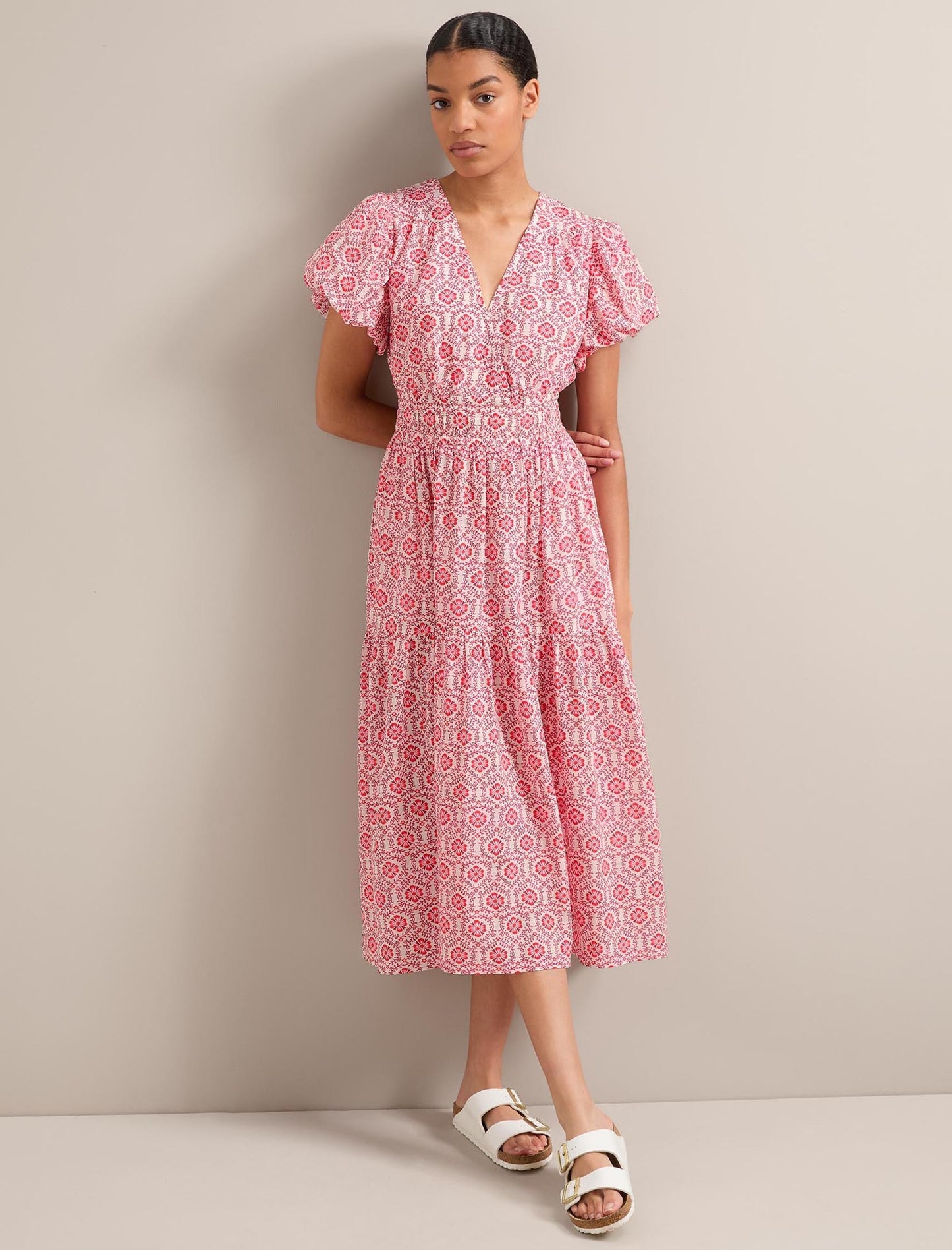 Orla Cotton Maxi Dress - White Pink Circle Carnation Print