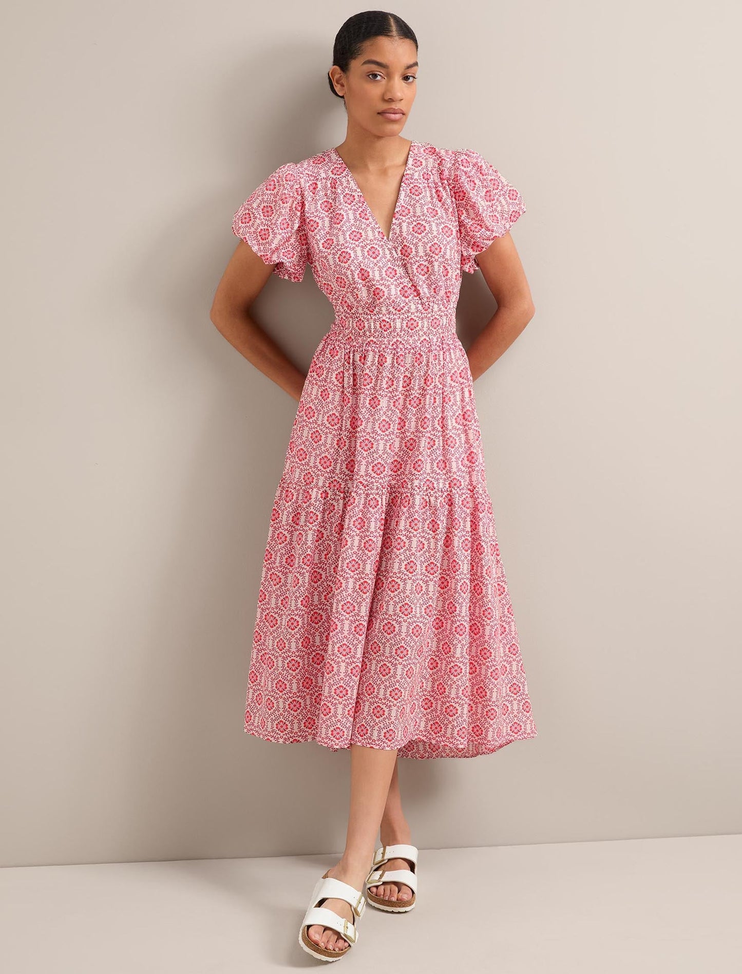 Orla Cotton Maxi Dress - White Pink Circle Carnation Print