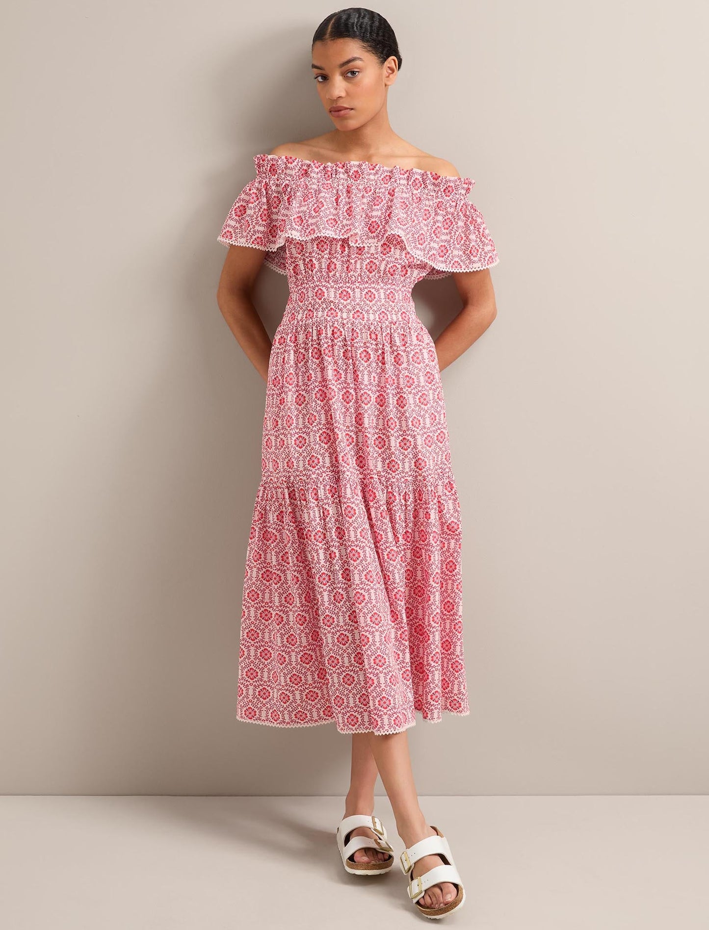 Aimee Cotton Maxi Dress - White Pink Circle Carnation Print