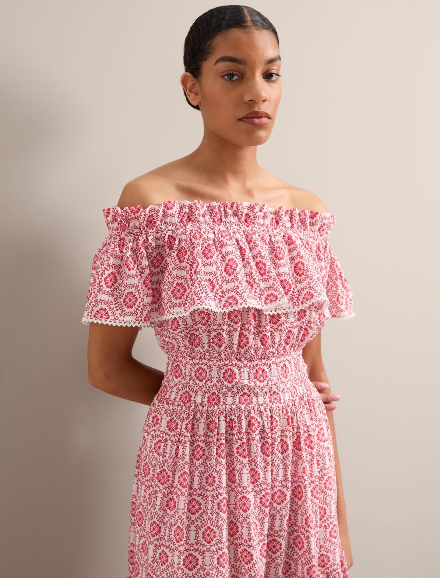 Aimee Cotton Maxi Dress - White Pink Circle Carnation Print