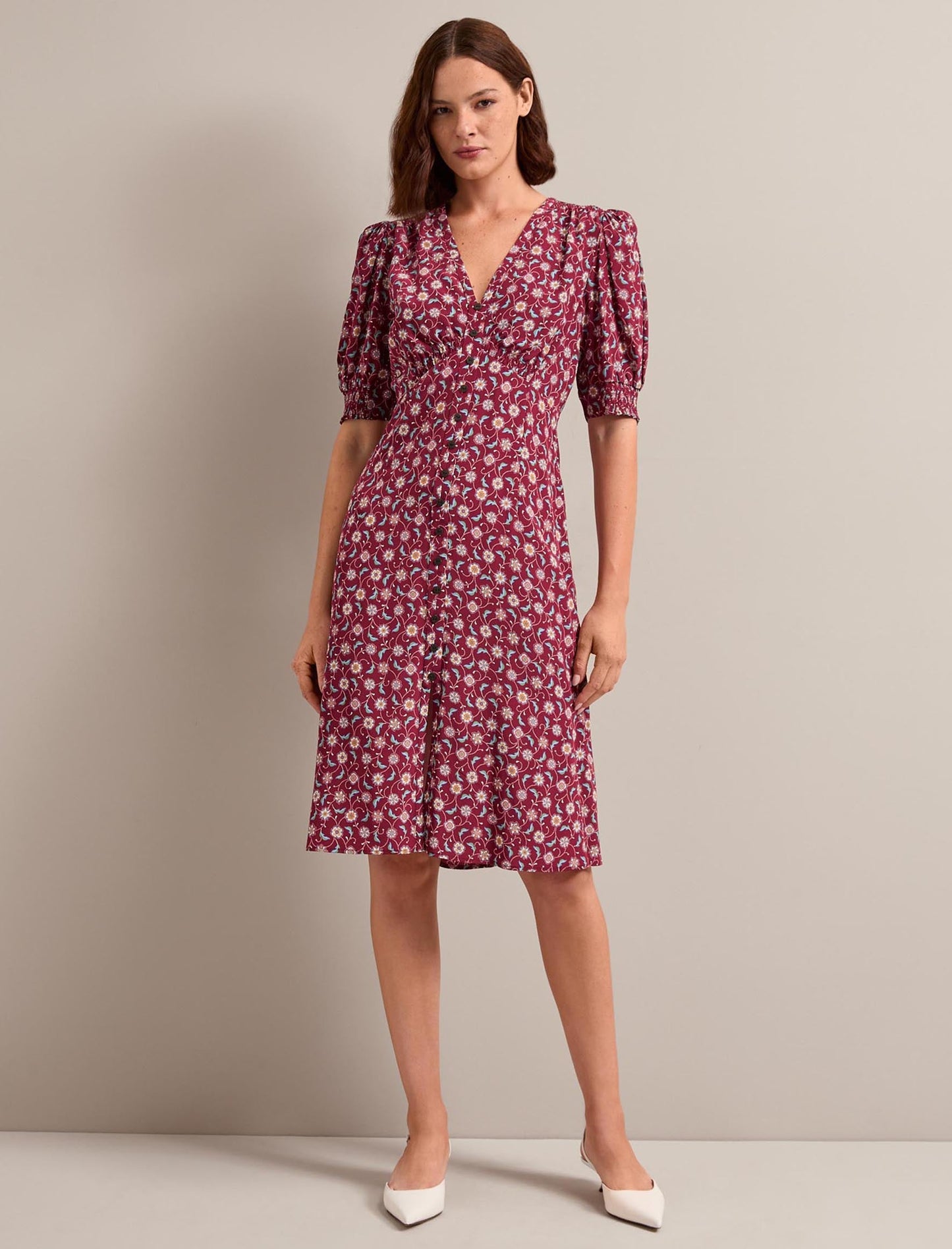 Julietta Silk Short Dress - Burgundy Trellis Print