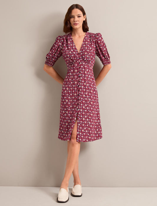 Julietta Silk Short Dress - Burgundy Trellis Print