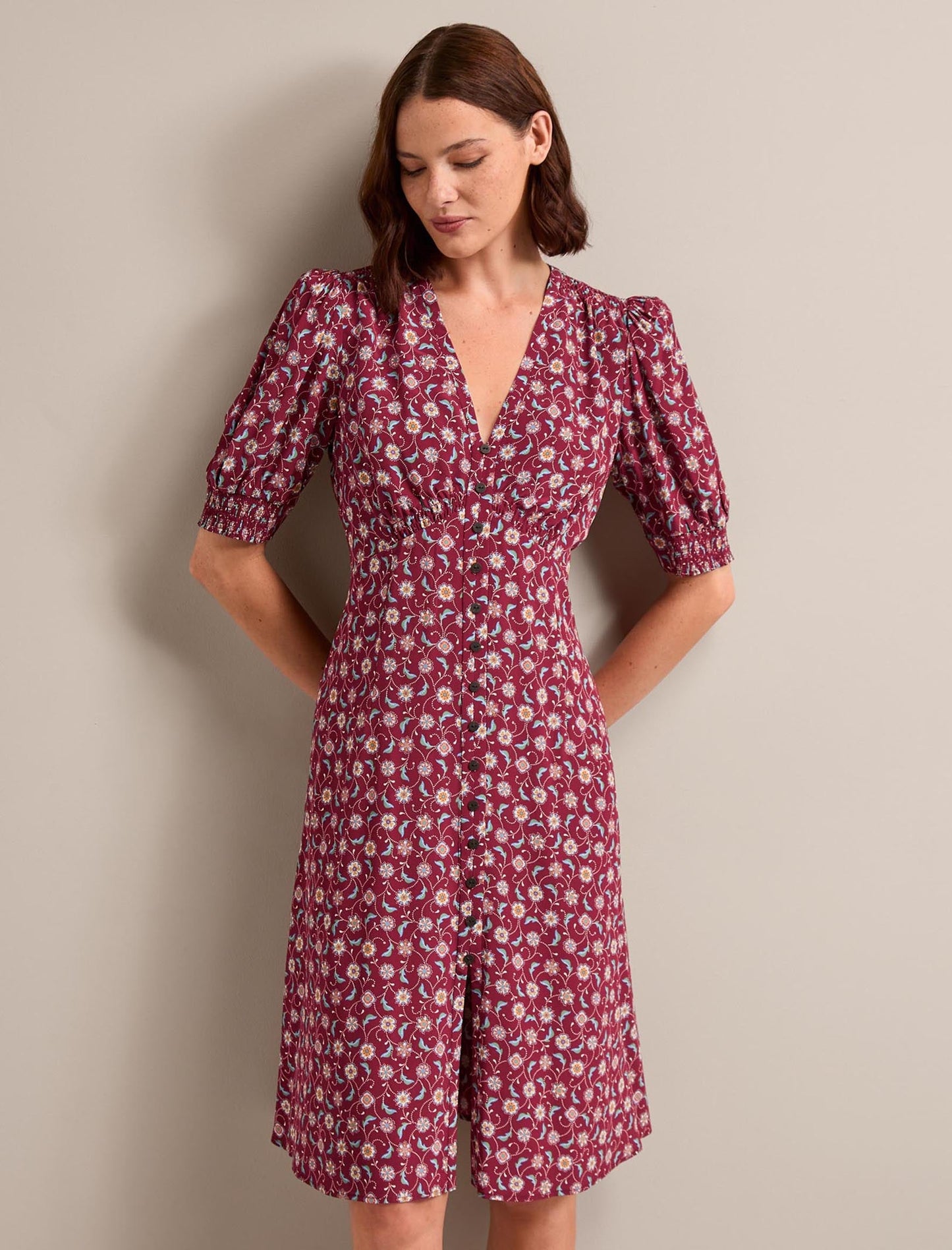 Julietta Silk Short Dress - Burgundy Trellis Print