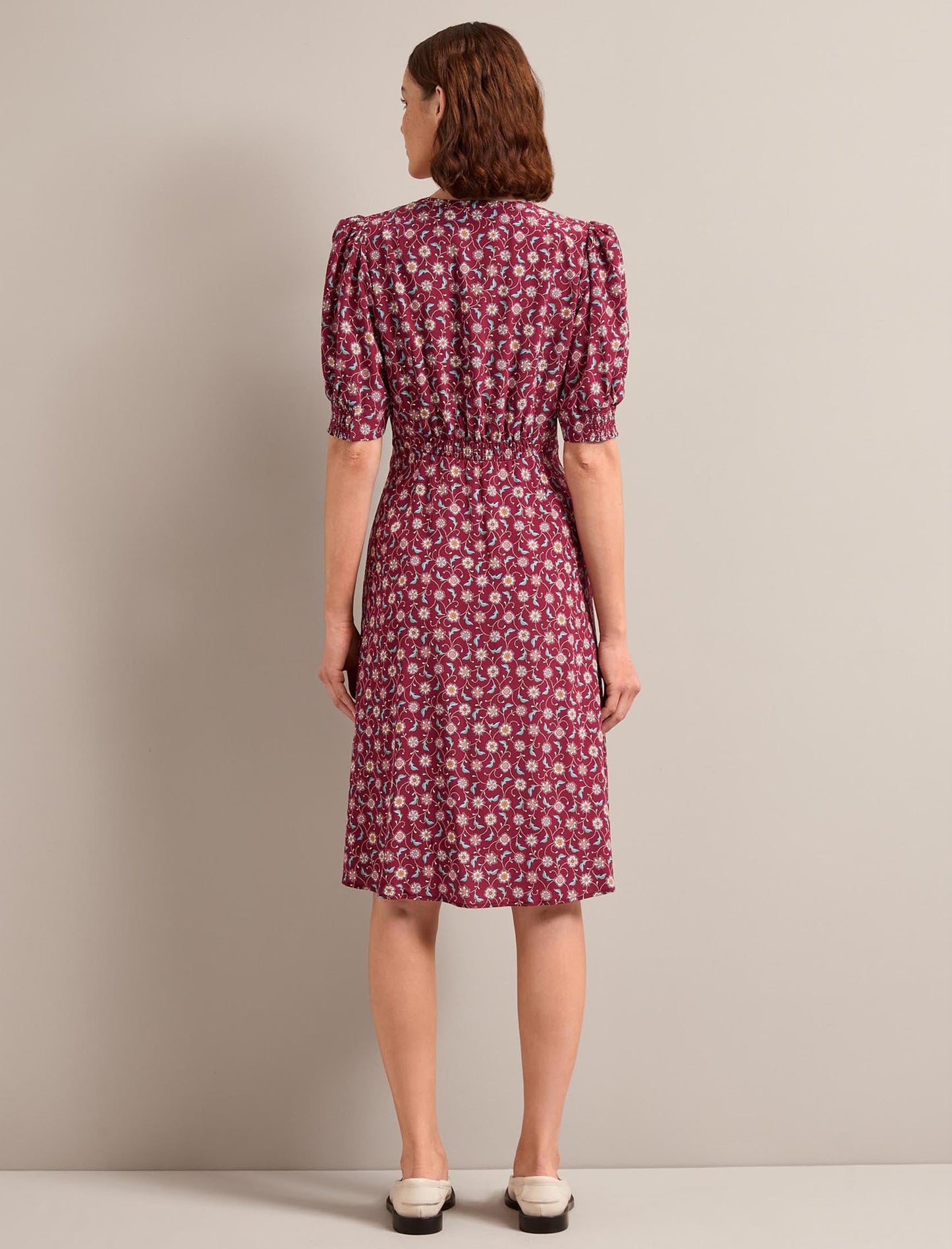 Julietta Silk Short Dress - Burgundy Trellis Print