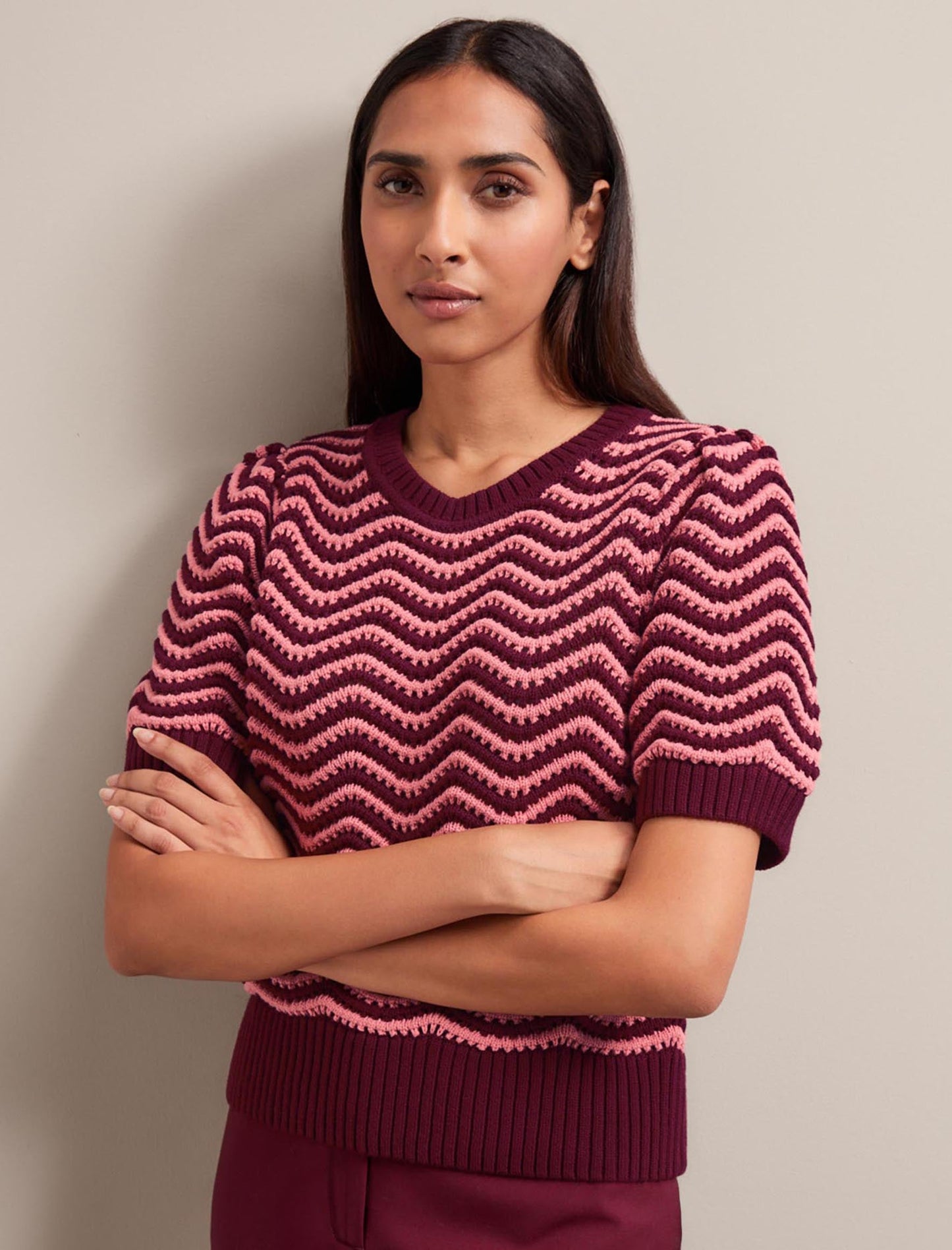 June Cotton Short Sleeve Jumper - Burgundy Rose Stripe