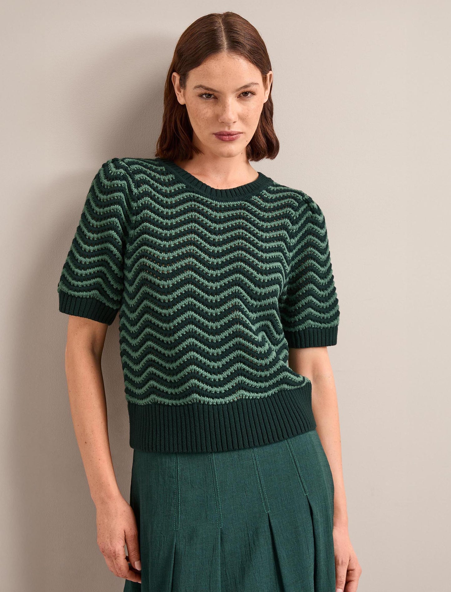 June Cotton Short Sleeve Jumper - Dark Green Pale Green Stripe