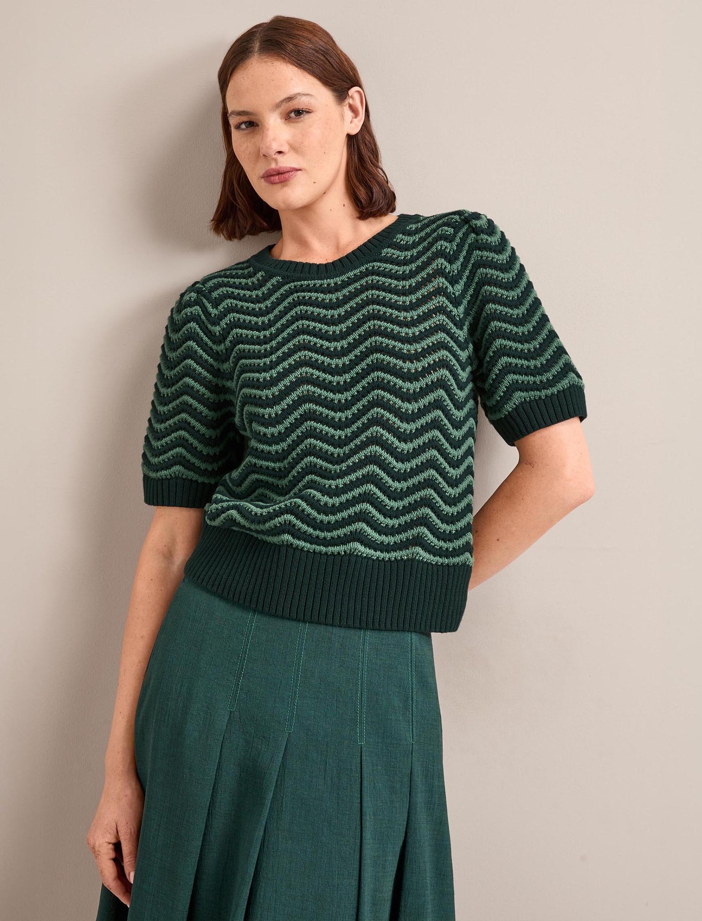 June Cotton Short Sleeve Jumper - Dark Green Pale Green Stripe