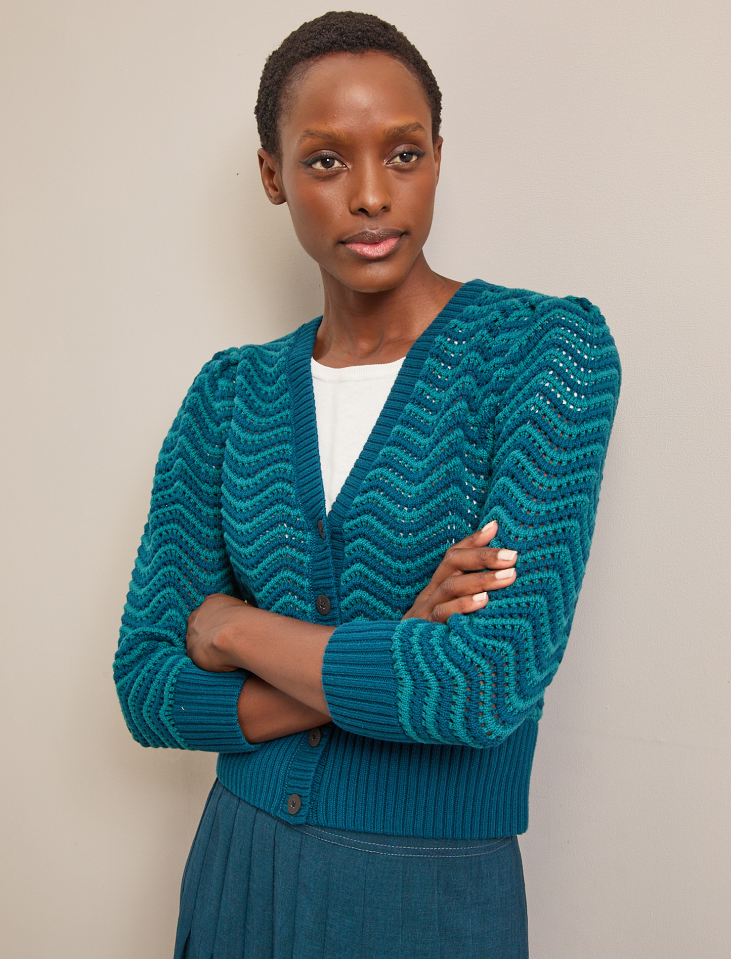 Chloe Cotton Cardigan - Petrol Blue Pale Petrol Blue Stripe