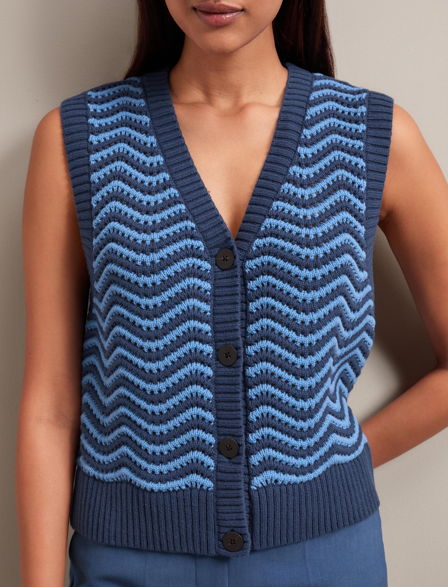 Edie Cotton Waistcoat - Denim Blue Pale Blue Stripe