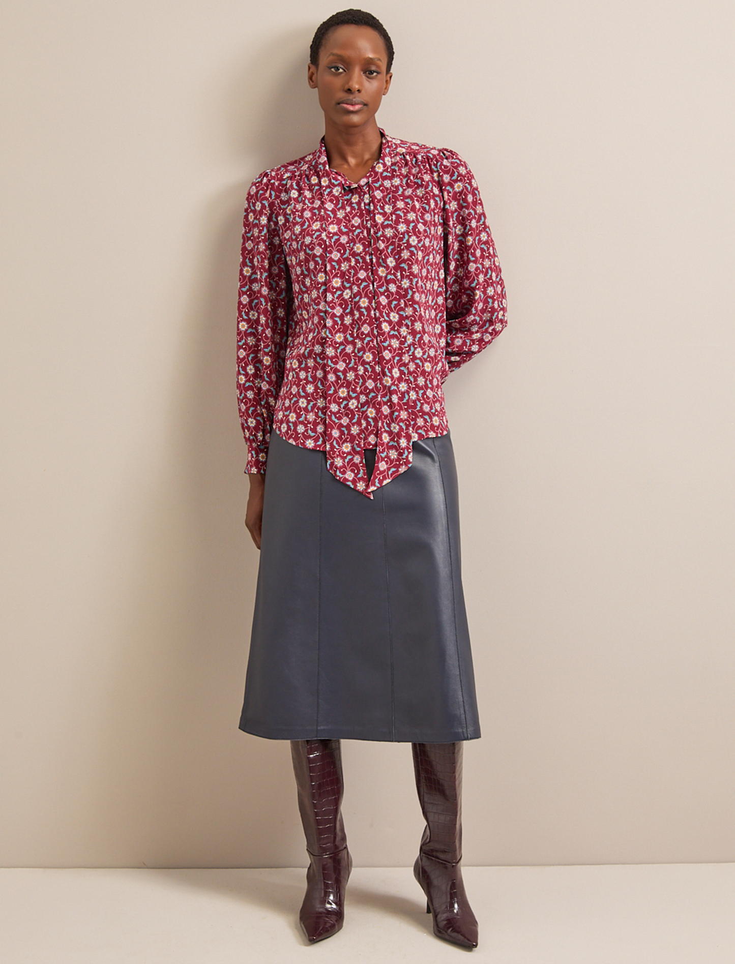 Matty Silk Shirt - Burgundy Trellis Print