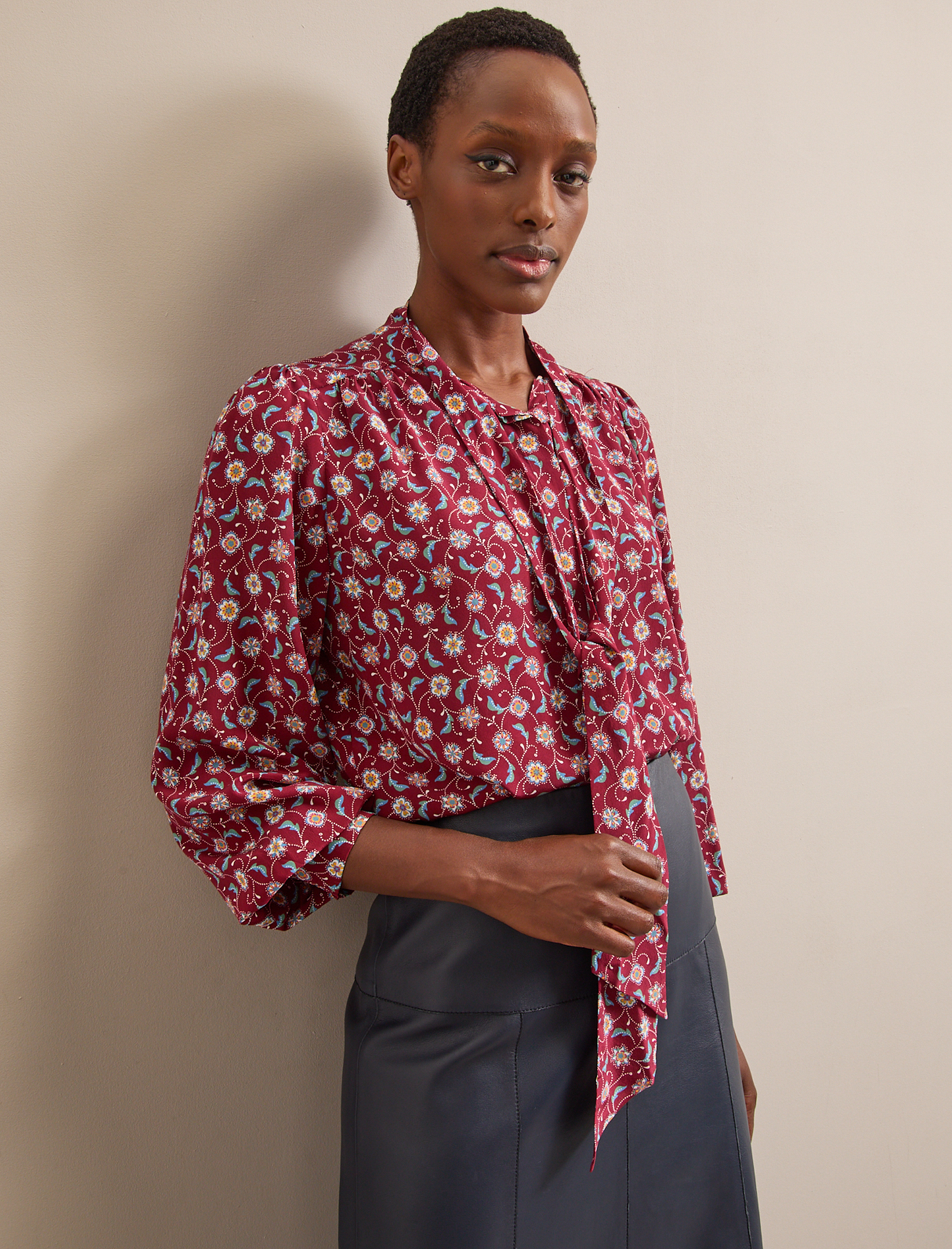 Matty Silk Shirt - Burgundy Trellis Print