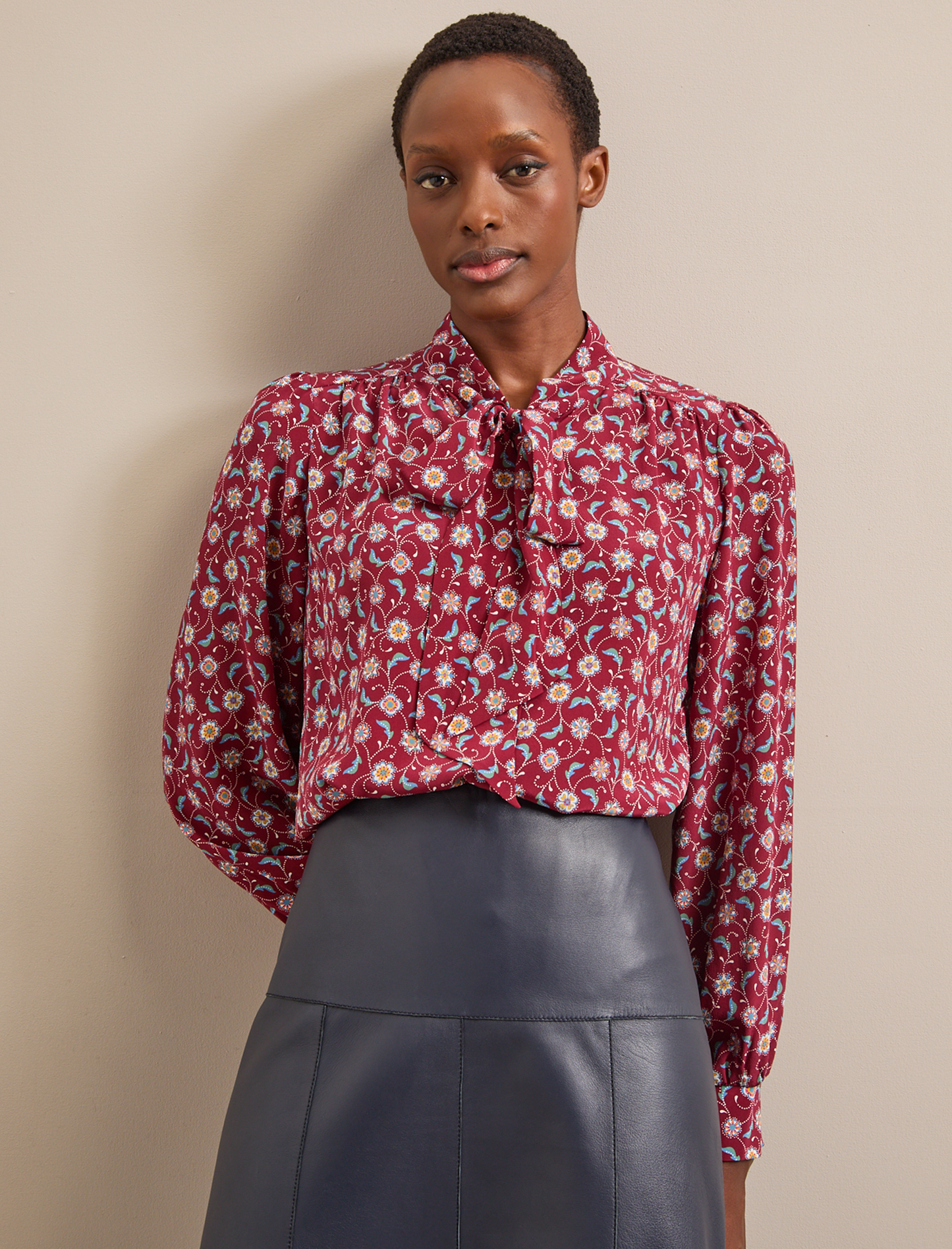 Matty Silk Shirt - Burgundy Trellis Print