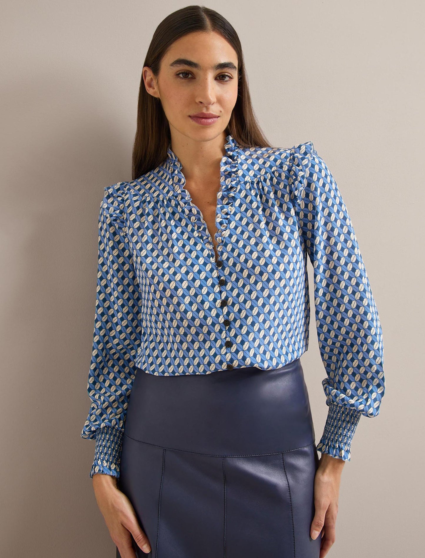 Stella Silk Shirt - Blue Cream Lips Print