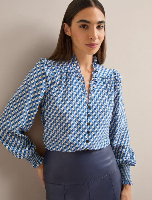 Stella Silk Shirt - Blue Cream Lips Print