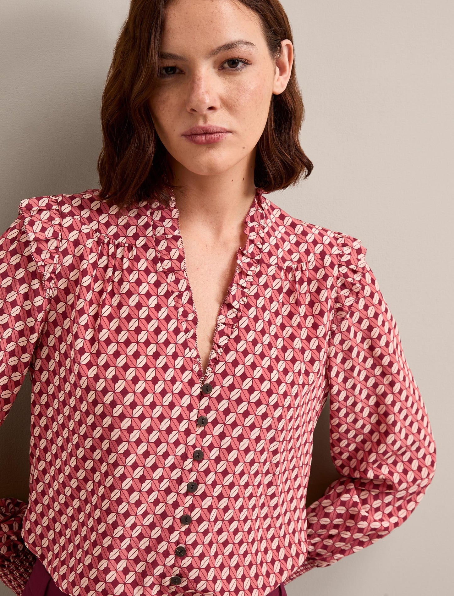 Stella Silk Shirt - Blush Burgundy Lips Print