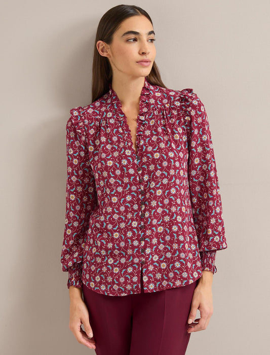 Stella Silk Shirt - Burgundy Trellis Print