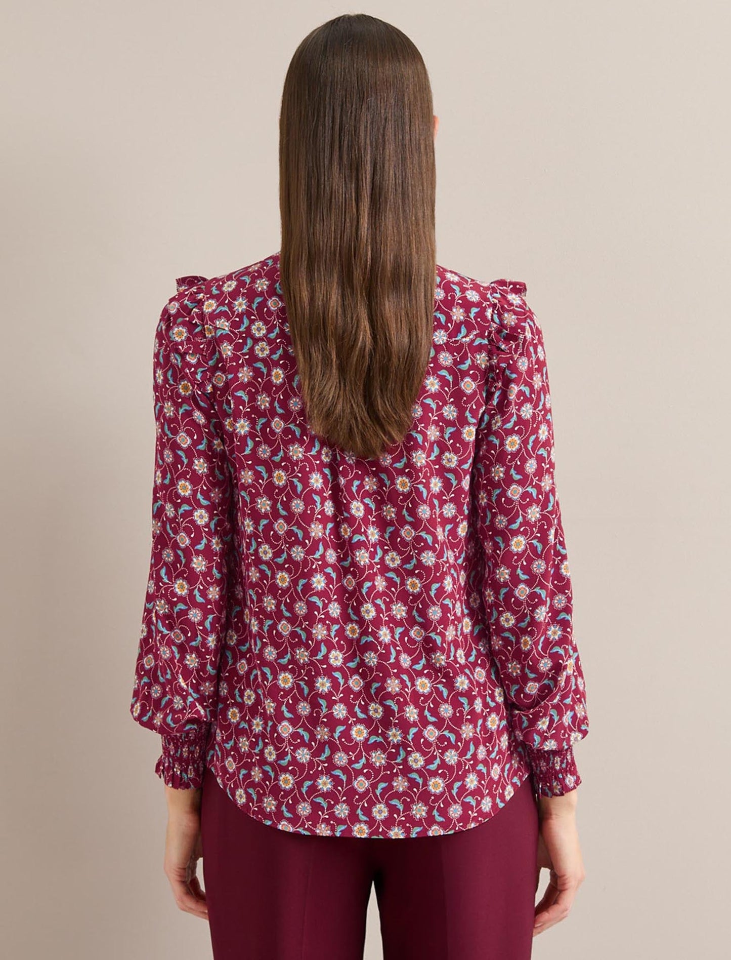 Stella Silk Shirt - Burgundy Trellis Print