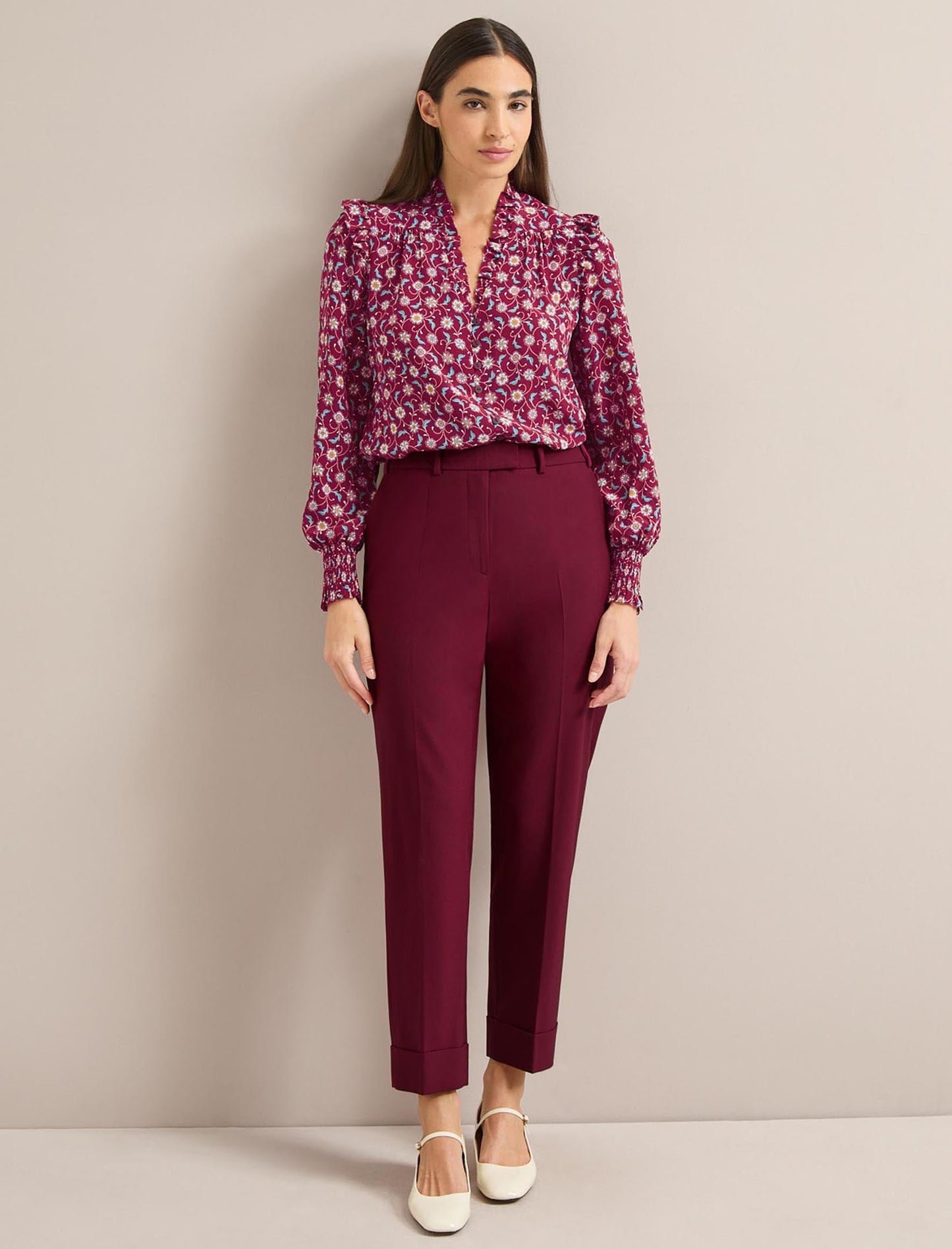 Stella Silk Shirt - Burgundy Trellis Print