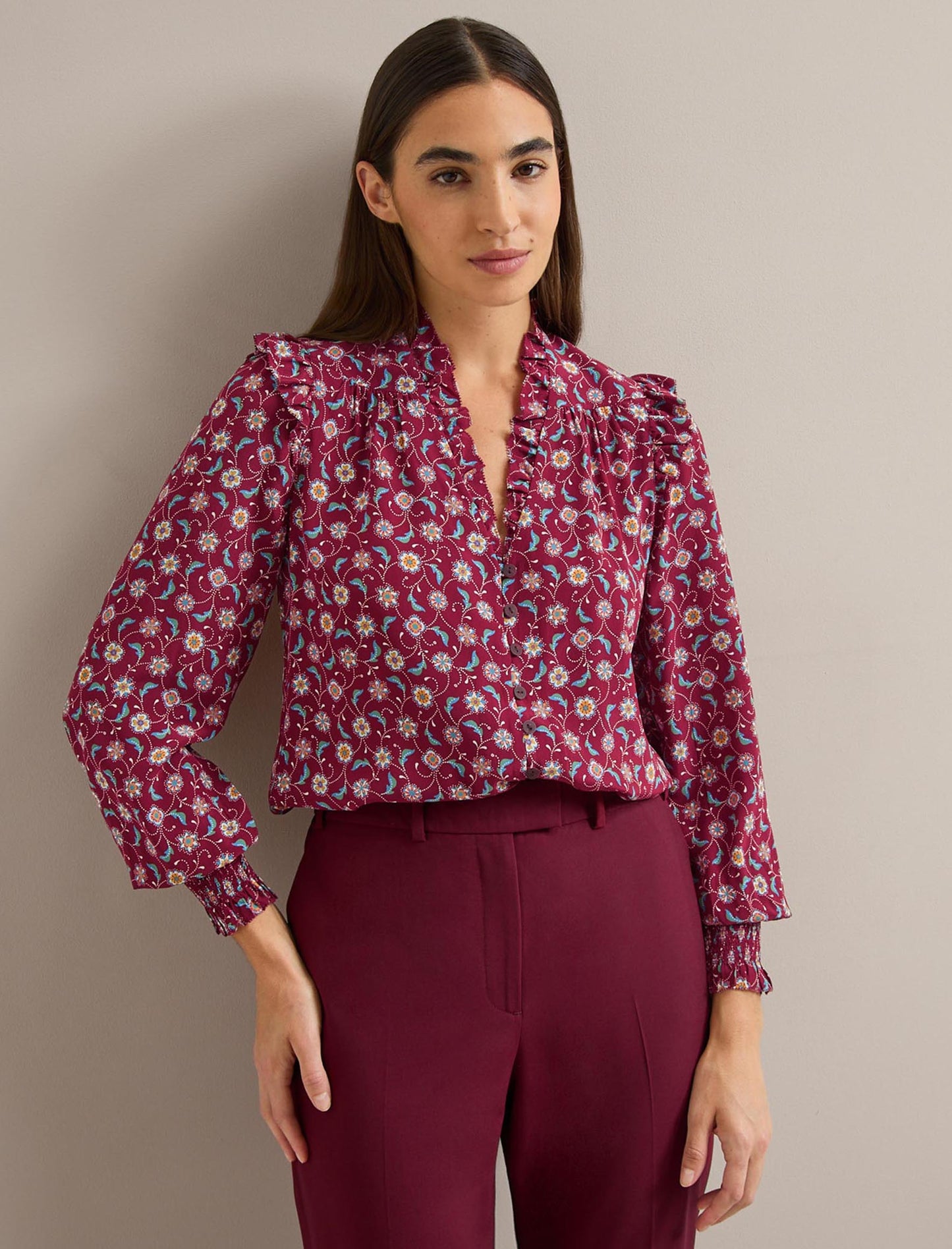 Stella Silk Shirt - Burgundy Trellis Print