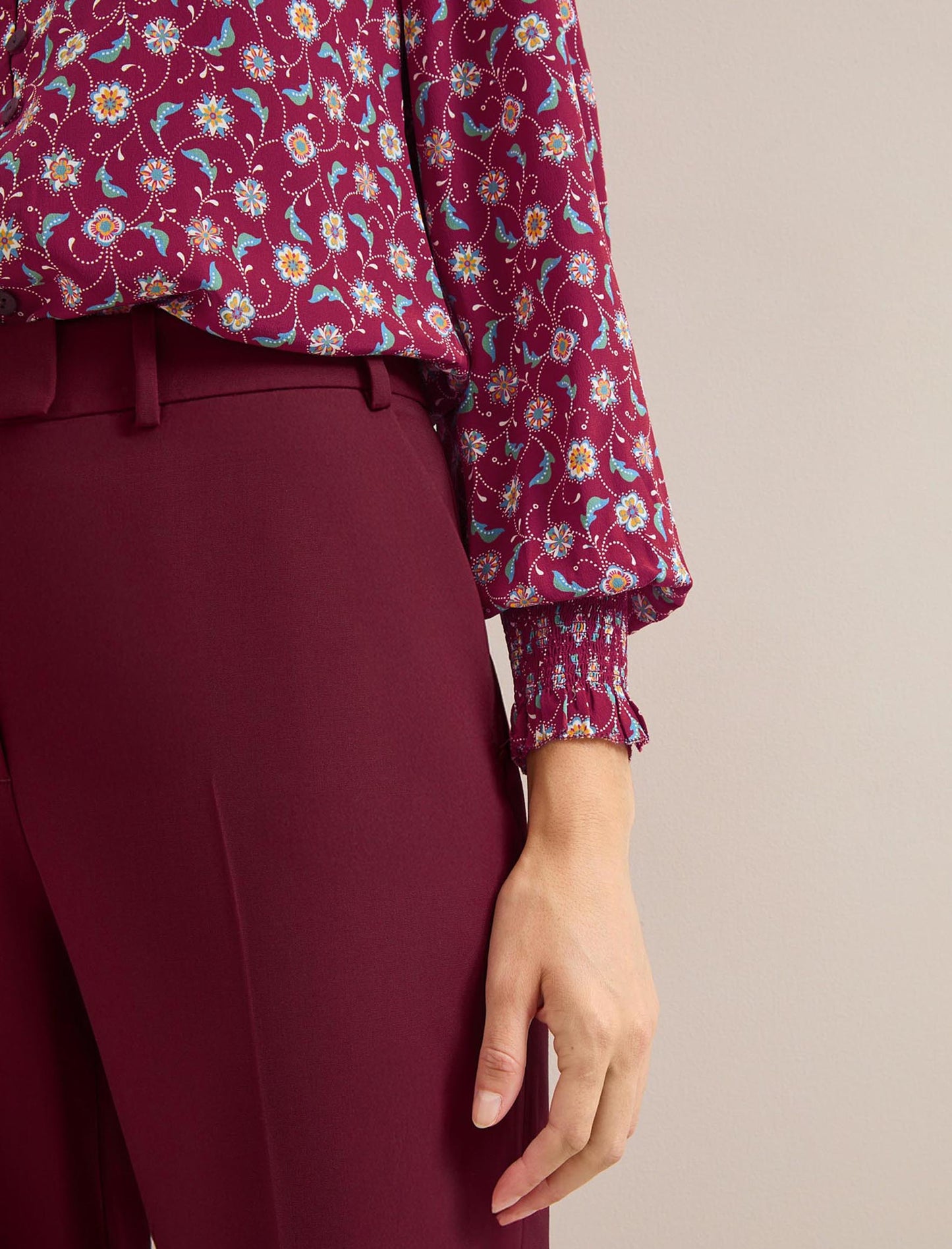 Stella Silk Shirt - Burgundy Trellis Print