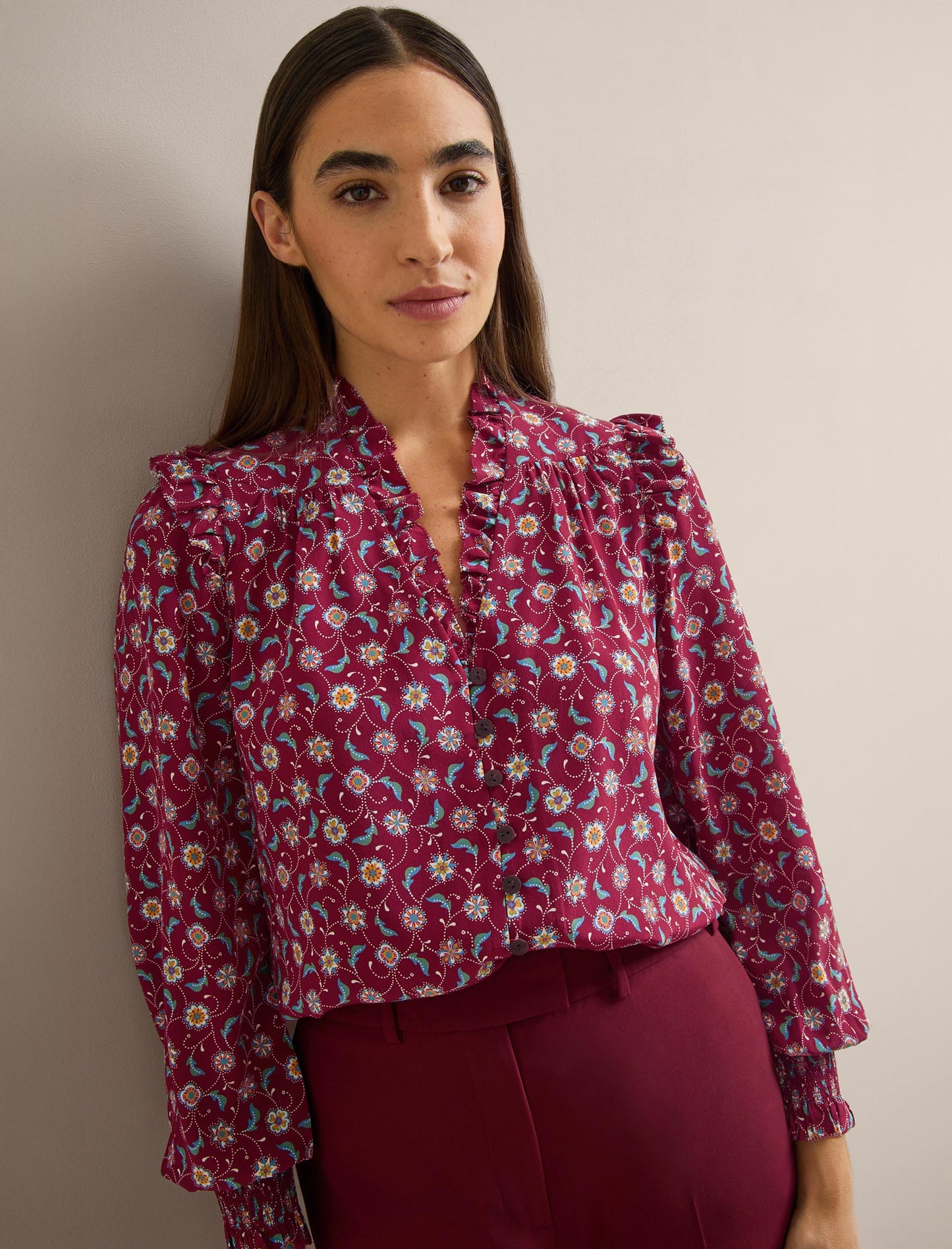 Stella Silk Shirt - Burgundy Trellis Print