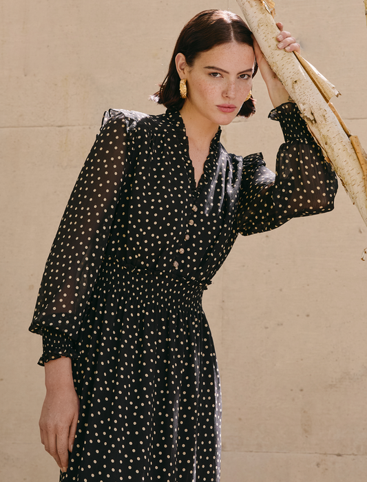 Saskia Maxi Dress - Black Cream Polka Dot Print