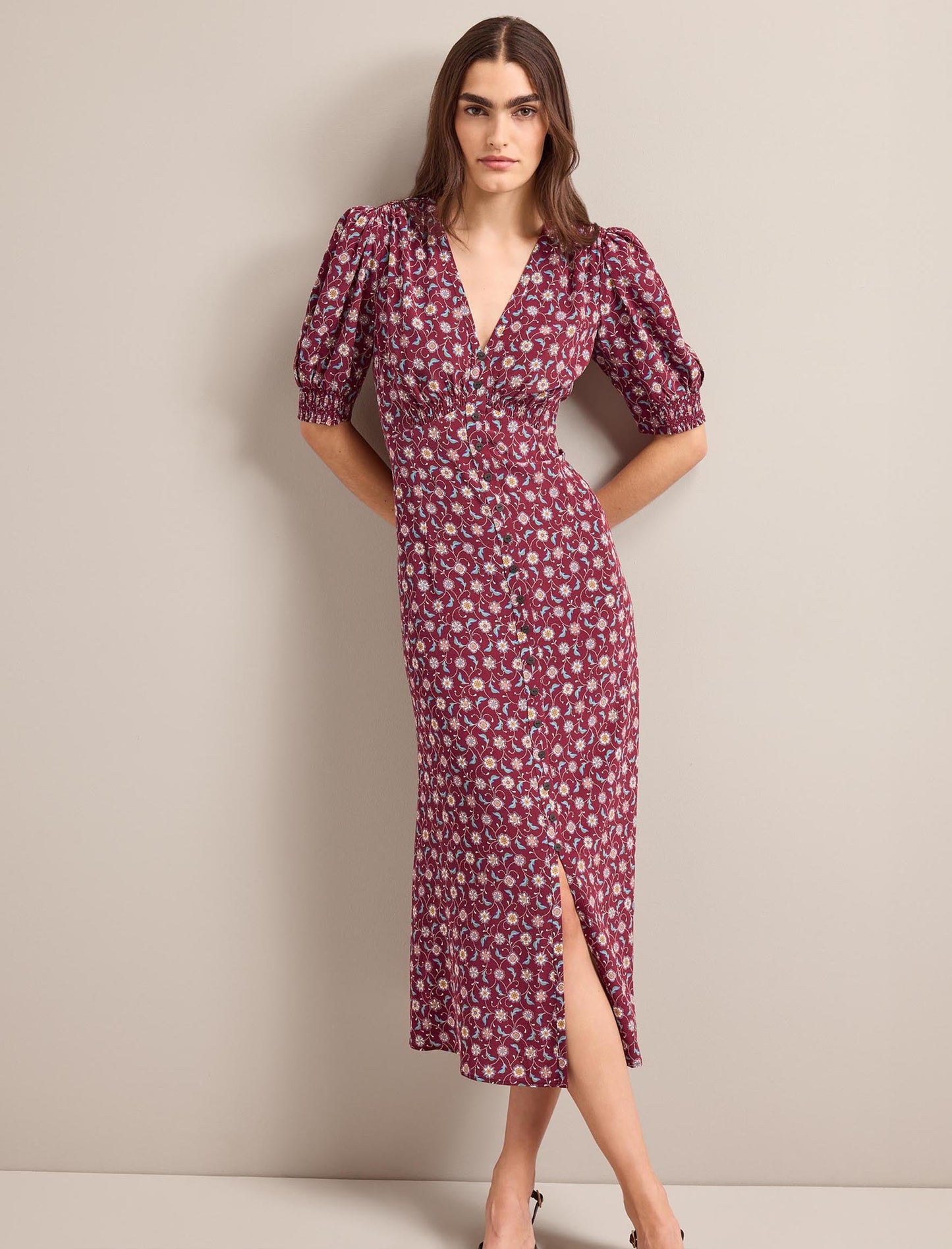 Julietta Silk Maxi Dress - Burgundy Trellis Print