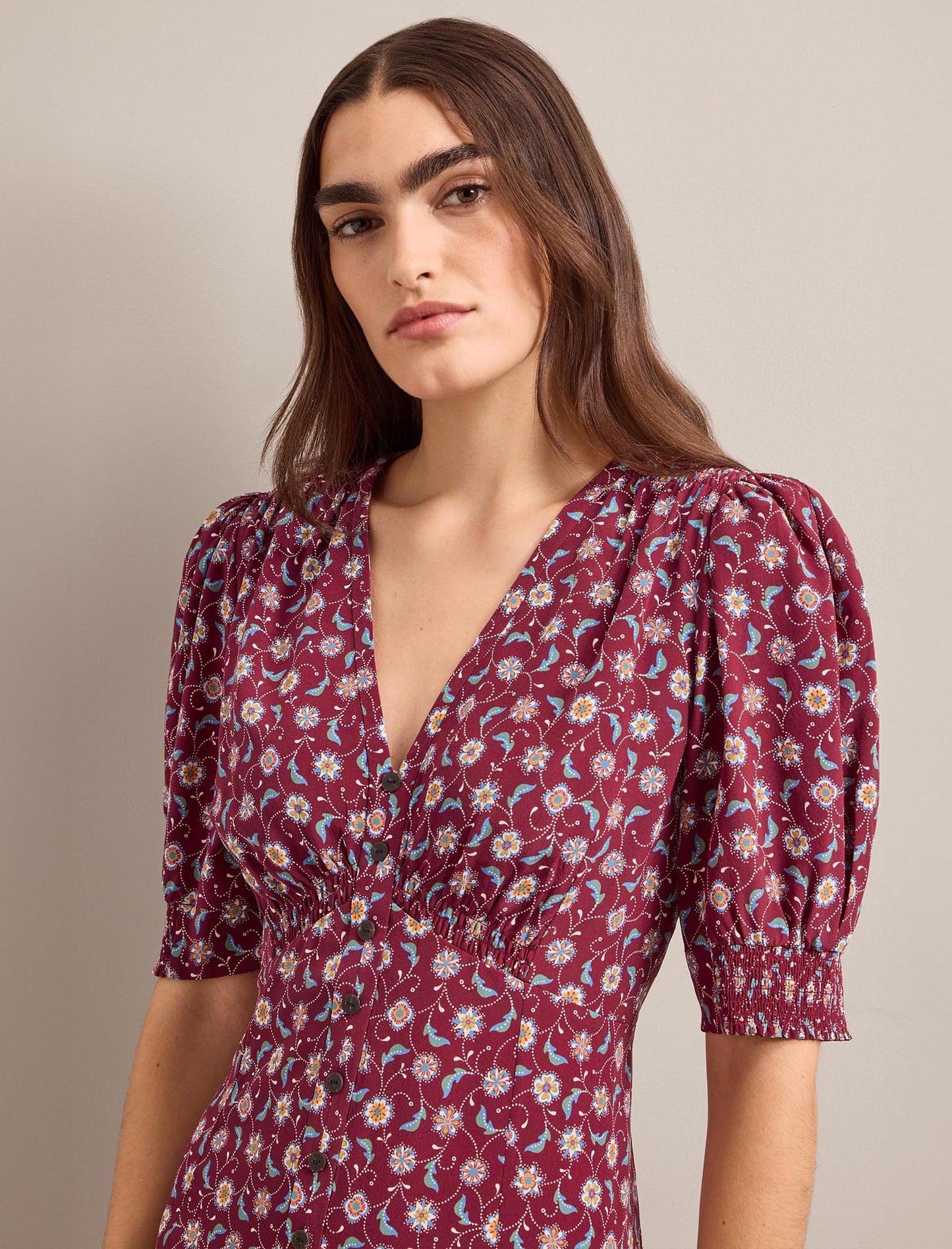 Julietta Silk Maxi Dress - Burgundy Trellis Print