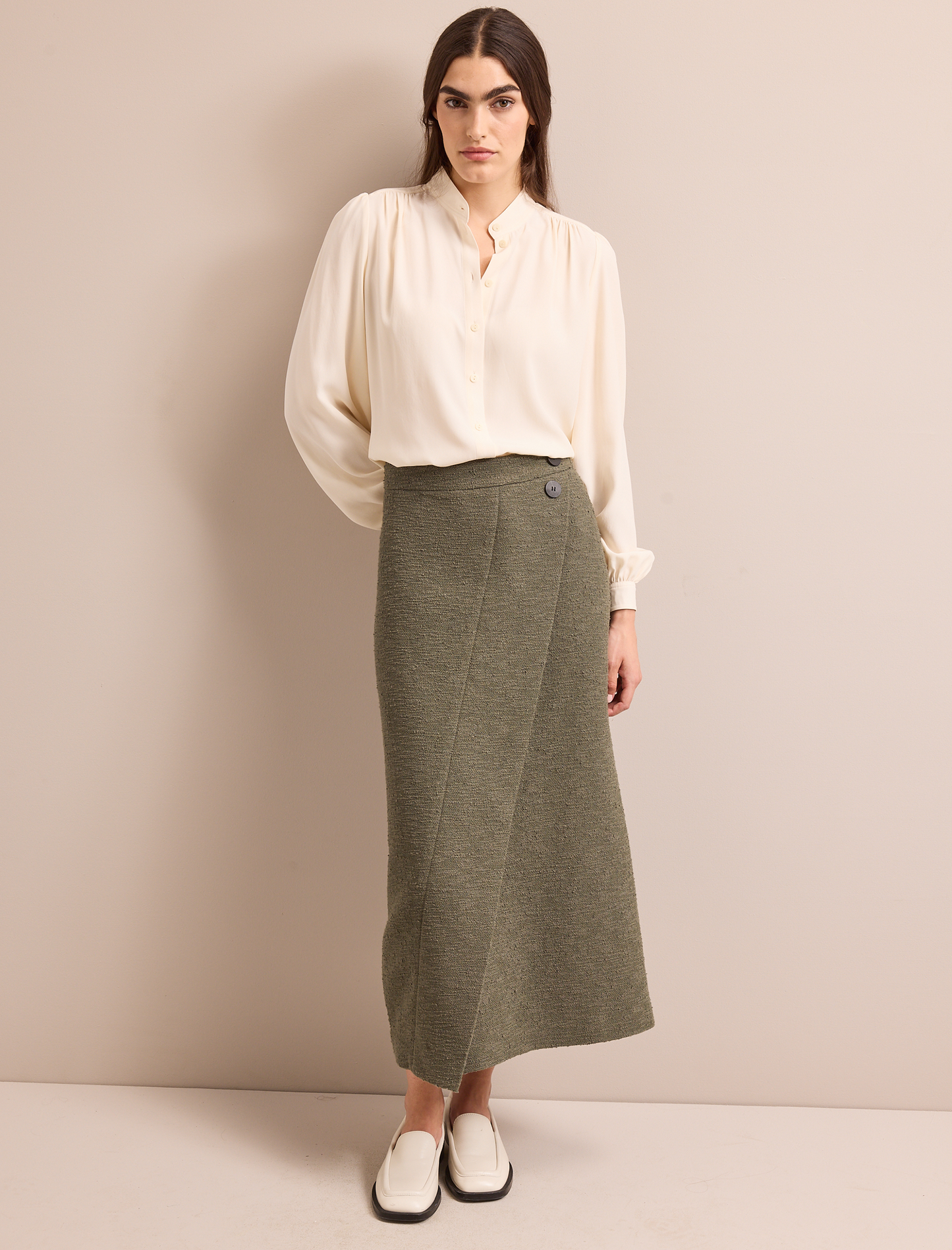 Layla Boucle Tweed Maxi Skirt - Khaki