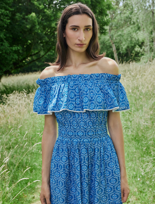 Aimee Cotton Maxi Dress - Blue Circle Carnation Print
