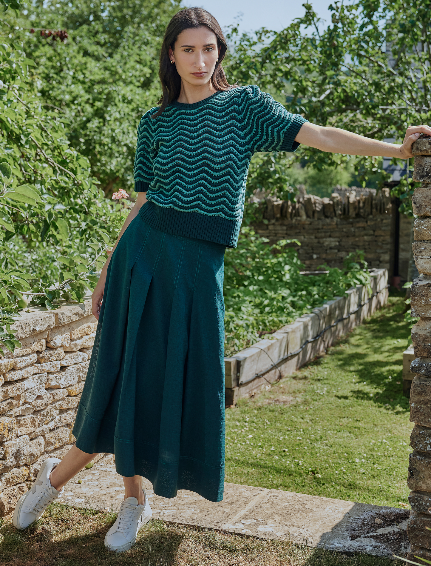 June Cotton Short Sleeve Jumper - Dark Green Pale Green Stripe