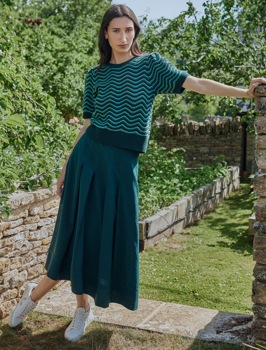 June Cotton Short Sleeve Jumper - Dark Green Pale Green Stripe
