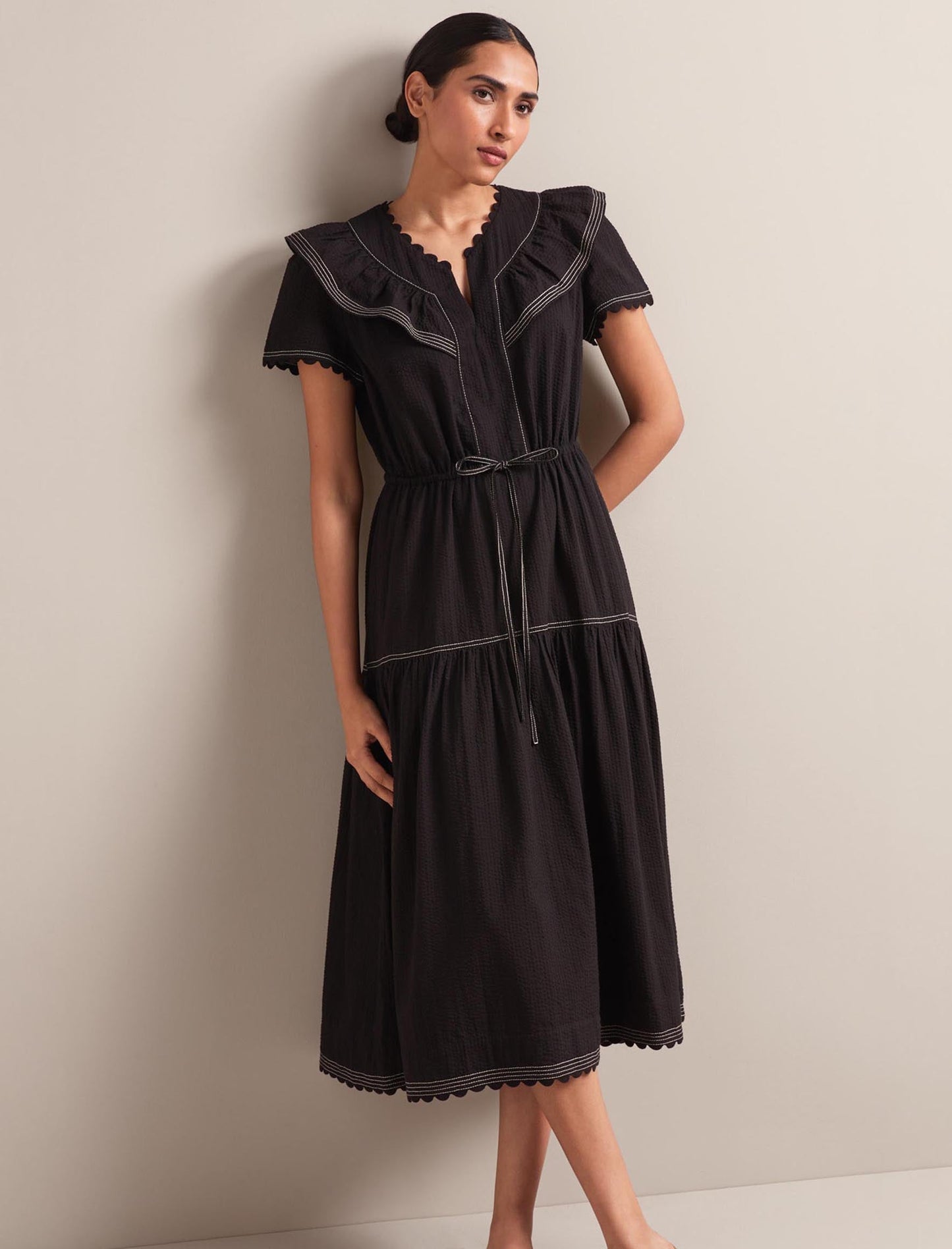 Nessa Cotton Seersucker Maxi Dress - Black