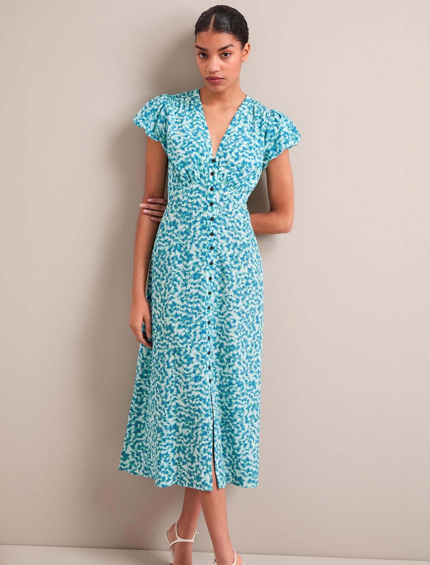 Leila Silk Maxi Dress - Blue Green Feather Print