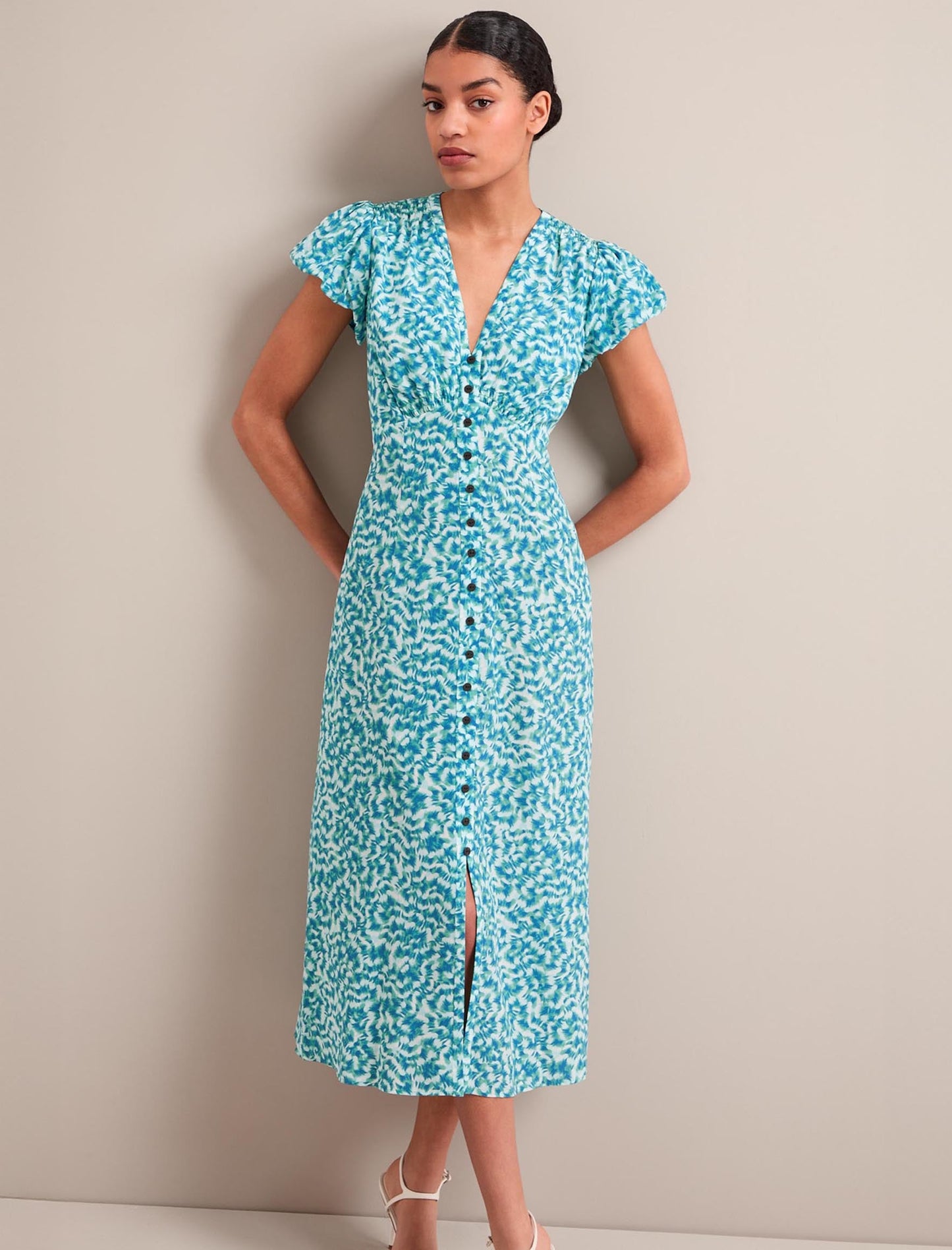 Leila Silk Maxi Dress - Blue Green Feather Print