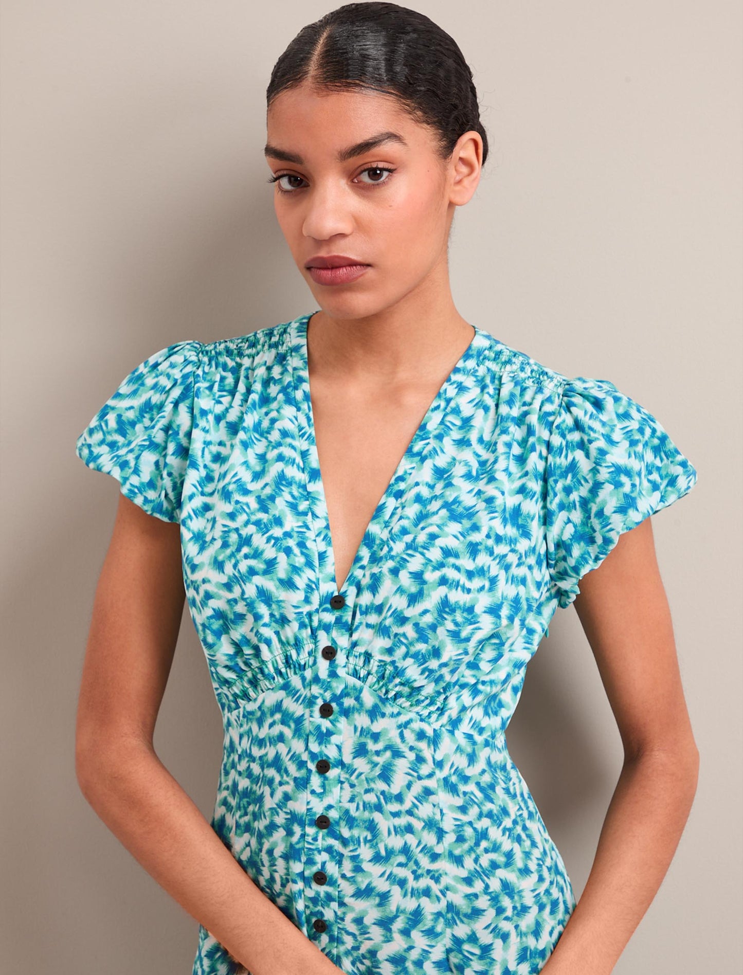 Leila Silk Maxi Dress - Blue Green Feather Print