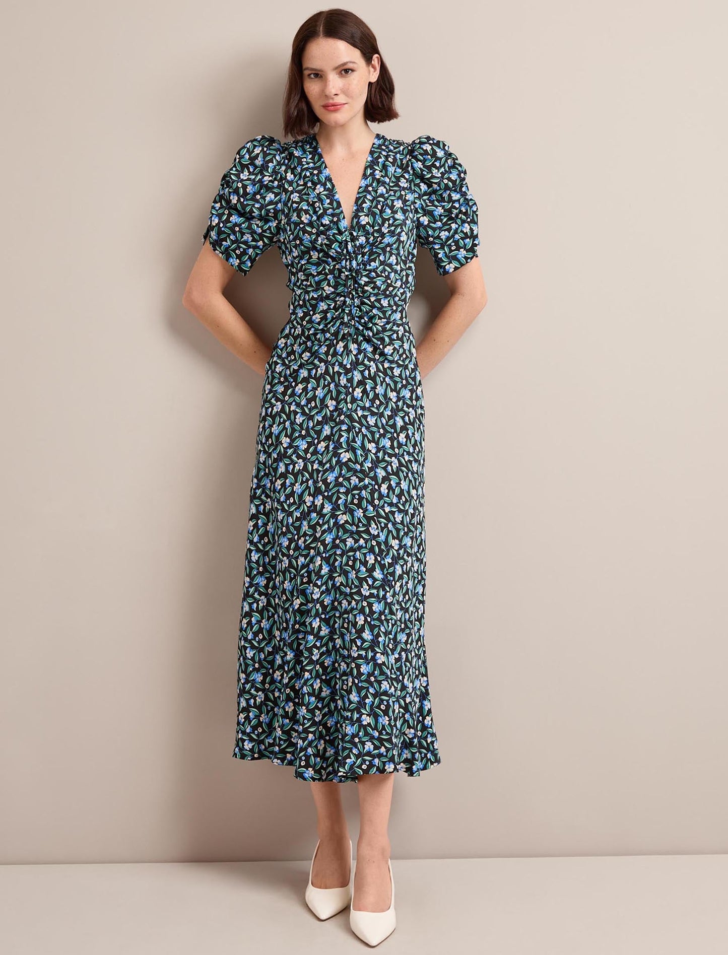 Ophelia Bias Cut Maxi Dress - Black Blue Deco Floral Print