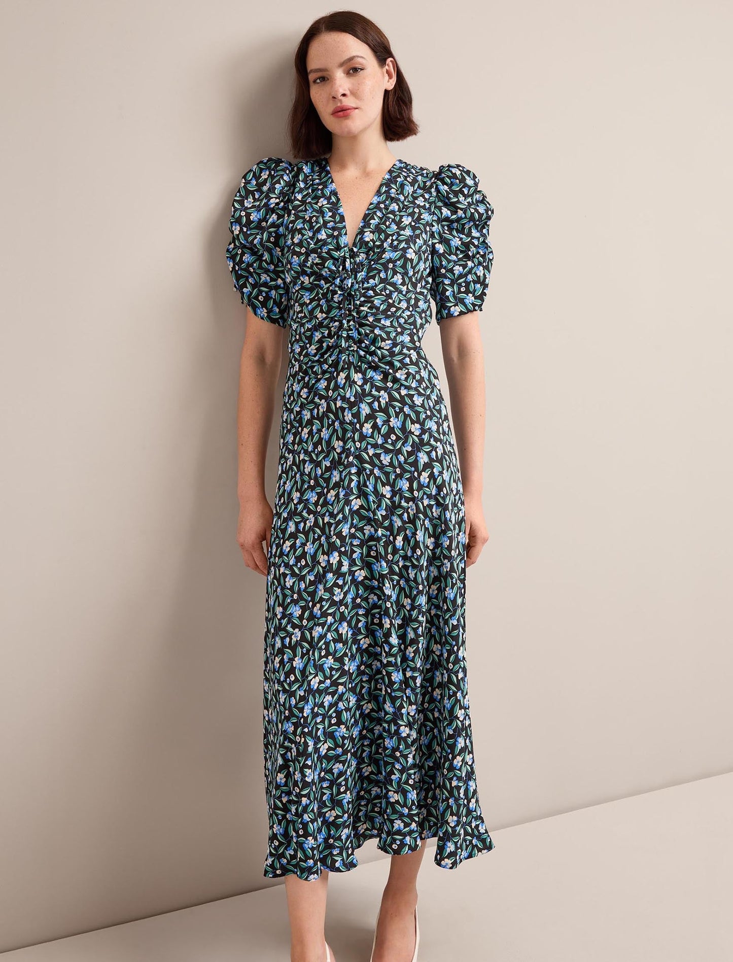 Ophelia Bias Cut Maxi Dress - Black Blue Deco Floral Print