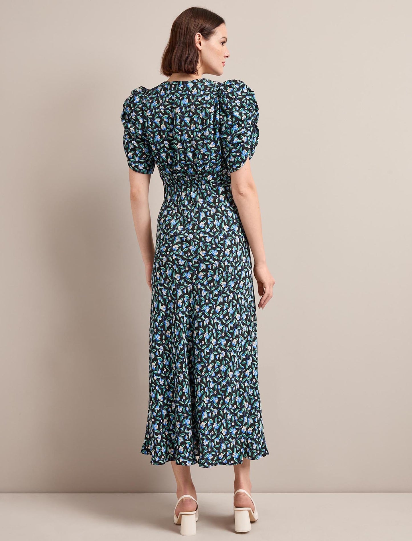 Ophelia Bias Cut Maxi Dress - Black Blue Deco Floral Print
