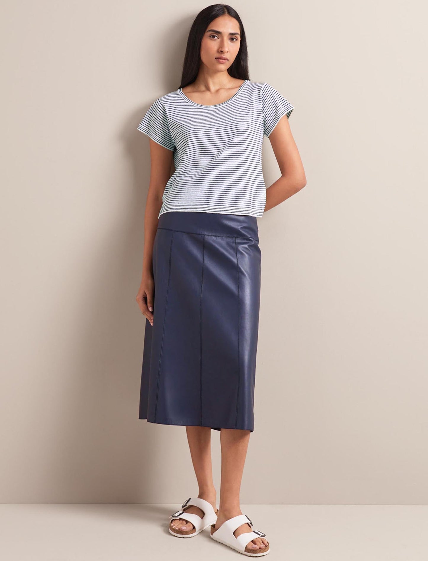 Tiana Leather Midi Skirt - Navy