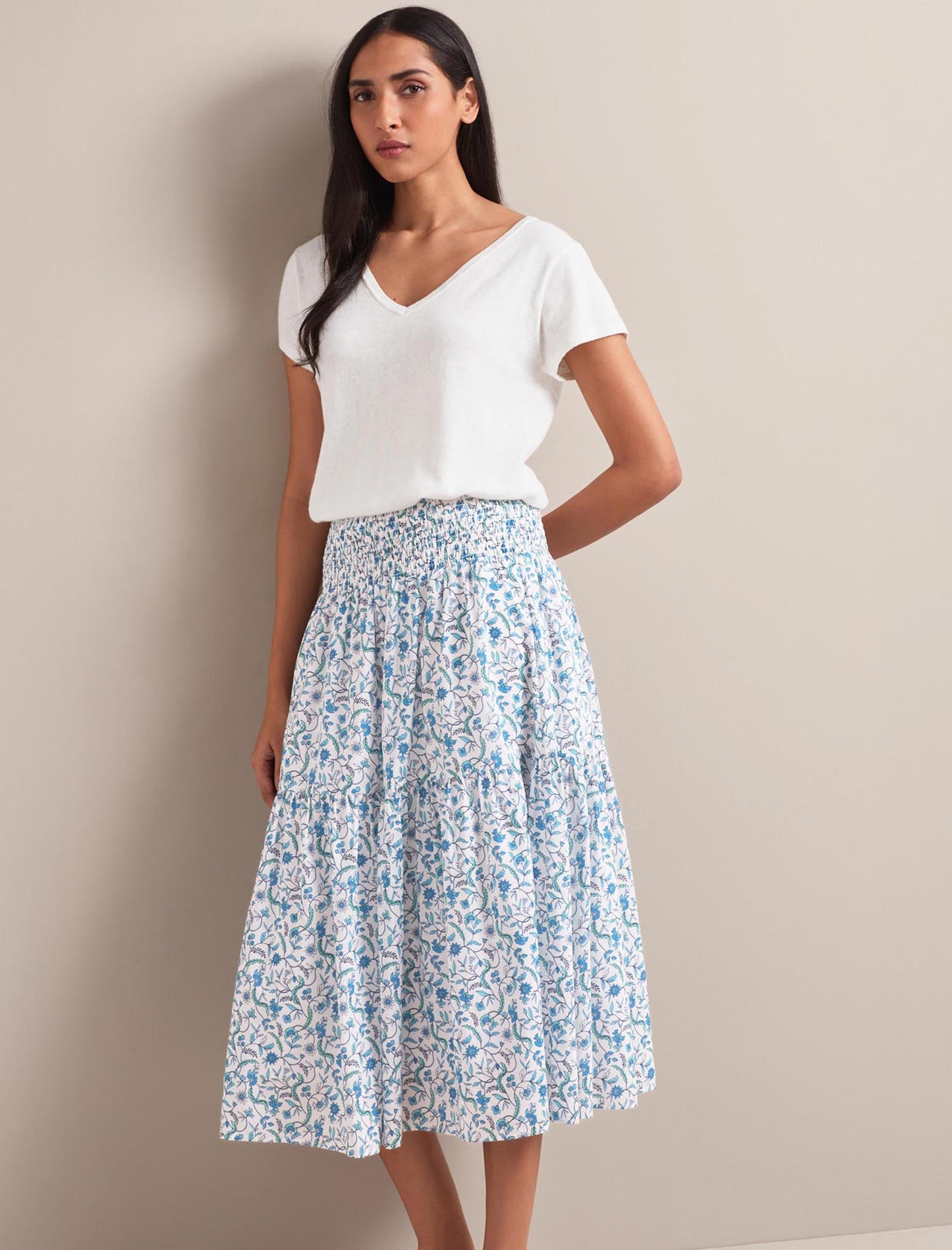 Sylvia Silk Blend Maxi Skirt - Blue Trailing Feather Print